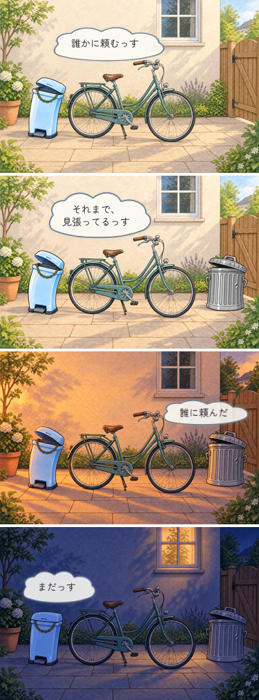四コマ漫画。私有地の庭に自転車を置いたゴミオが「誰かに頼むっす」と言い、「それまで、見張ってるっす」と得意げに留守番を始める。夕方にTHE GOMIが「誰に頼んだ」と聞く。夜になっても自転車とゴミオは同じ場所にいて、蓋を閉じたゴミオが「まだっす」と答える。