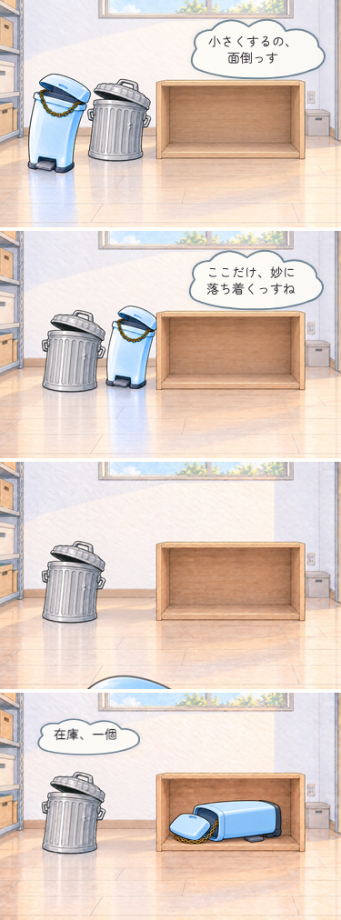 四コマ漫画。収納室の空いたカラーボックスを前に、ゴミオが「小さくするの、面倒っす」と言う。空の一枠を見て「ここだけ、妙に落ち着くっすね」と近づき、次のコマでは画面手前へ移動する。最後は枠の中で横になって眠り、THE GOMIが「在庫、一個」と数える。