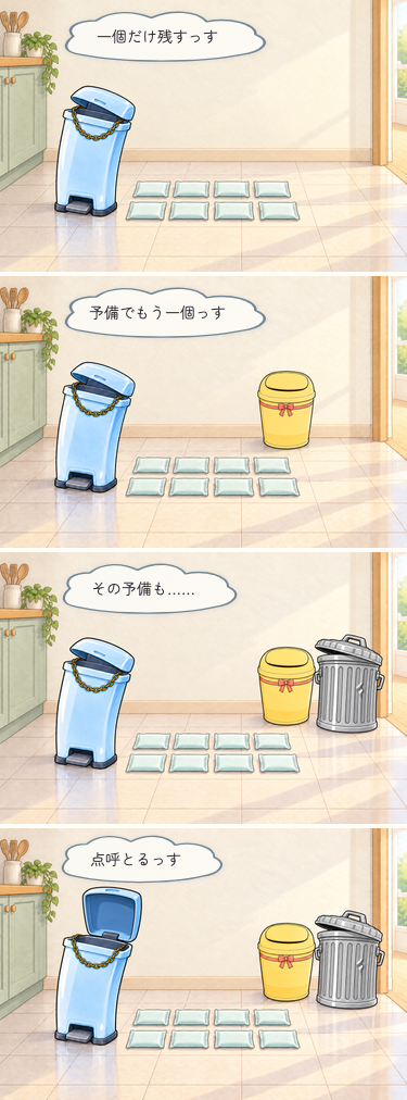 四コマ漫画。同じ保冷剤8個を前に、ゴミオが「一個だけ残すっす」と言う。ゴミミの横で「予備でもう一個っす」、THE GOMIが来ると「その予備も……」と残す理由を増やし、最後は蓋を開けて「点呼とるっす」と言う。保冷剤は最後まで同じ8個のまま。