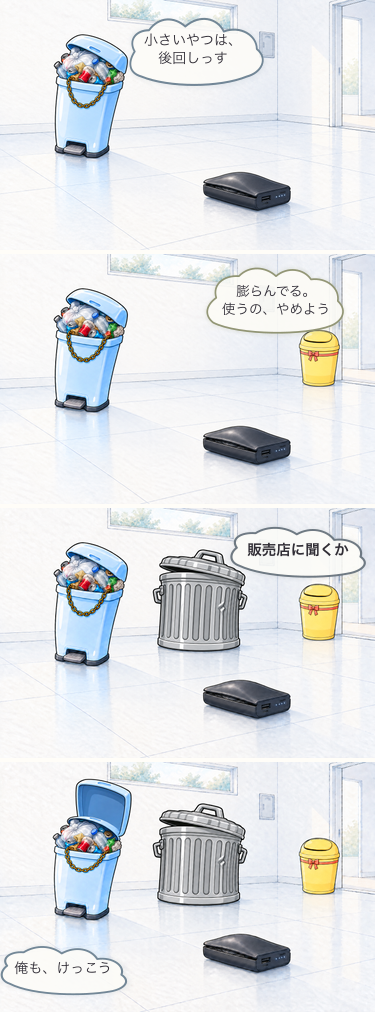四コマ漫画。膨らんだ小さなモバイルバッテリーから離れた場所で、いっぱいになったゴミオが「小さいやつは、後回しっす」と言う。ゴミミが使用をやめるよう伝え、THE GOMIが販売店への相談を提案する。二人がバッテリーを見ている横で、ゴミオは蓋を大きく開けて「俺も、けっこう」と言う。