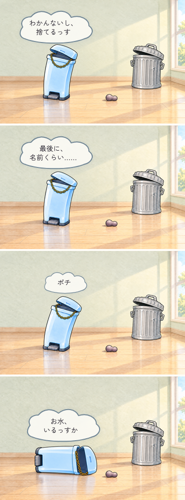 四コマ漫画。正体不明の薄紫色の物を見たゴミオが「わかんないし、捨てるっす」と言う。「最後に、名前くらい……」と考え直し、物を「ポチ」と名付ける。最後は物と向き合って横になり、「お水、いるっすか」と尋ねる。THE GOMIは無言で、物は最後まで動かない。